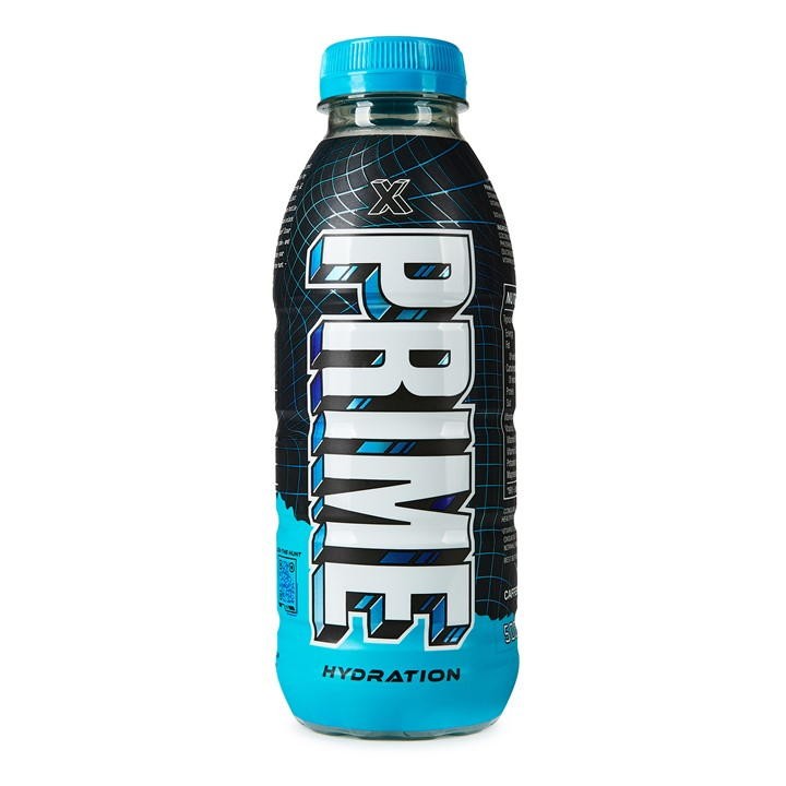 Limited edition Prime X Hydration pack featuring four 500 ml bottles, each with a sleek black design, bold blue accents, and prominent "PRIME HYDRATION" branding.
