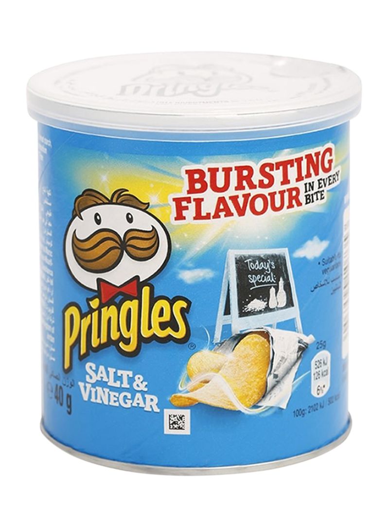 Pringles Salt & Vinegar crisps tub in a blue container, featuring the Pringles logo and a cartoon character, with a label highlighting "Bursting Flavour" and a chalkboard graphic.