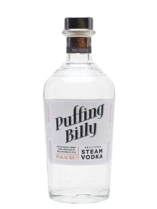 Clear glass bottle of Puffing Billy Steam Vodka, featuring a white label with black text, a cork stopper, and a vintage design, holding 70 cl of unfiltered vodka at 40% ABV.