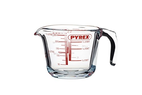 Clear glass measuring jug with a 0.25L capacity, featuring red measurement markings, a sturdy handle, and a spout for easy pouring, designed for high resistance.