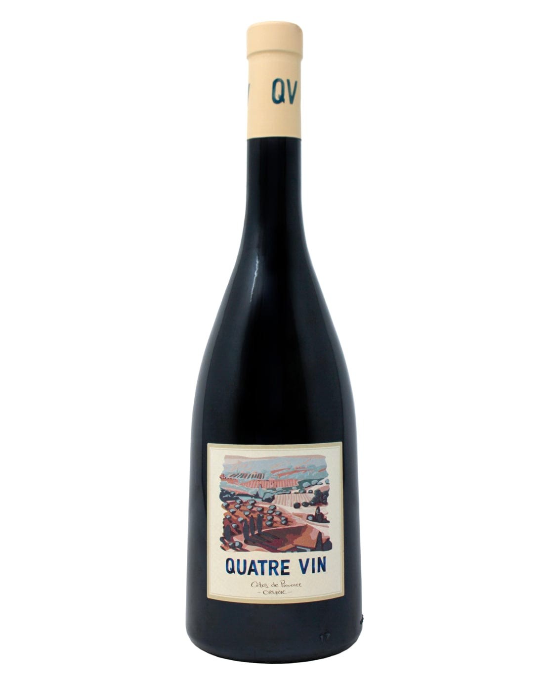 Quatre Vin Rouge red wine bottle, 75 cl, featuring a dark glass body, a cork stopper, and a label with colorful vineyard artwork and the text "QUATRE VIN."