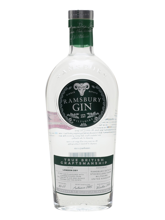Clear glass bottle with a tall neck, featuring a green label that reads "Ramsbury Single Estate Gin" and "True British Craftsmanship" in elegant font.