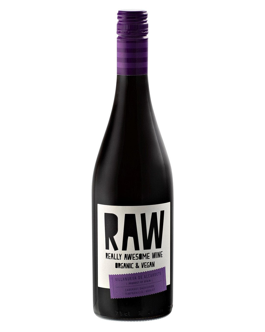 A sleek red wine bottle with a purple cap, featuring a bold white label that reads "RAW" and "REALLY AWESOME WINE," highlighting its organic and vegan attributes.