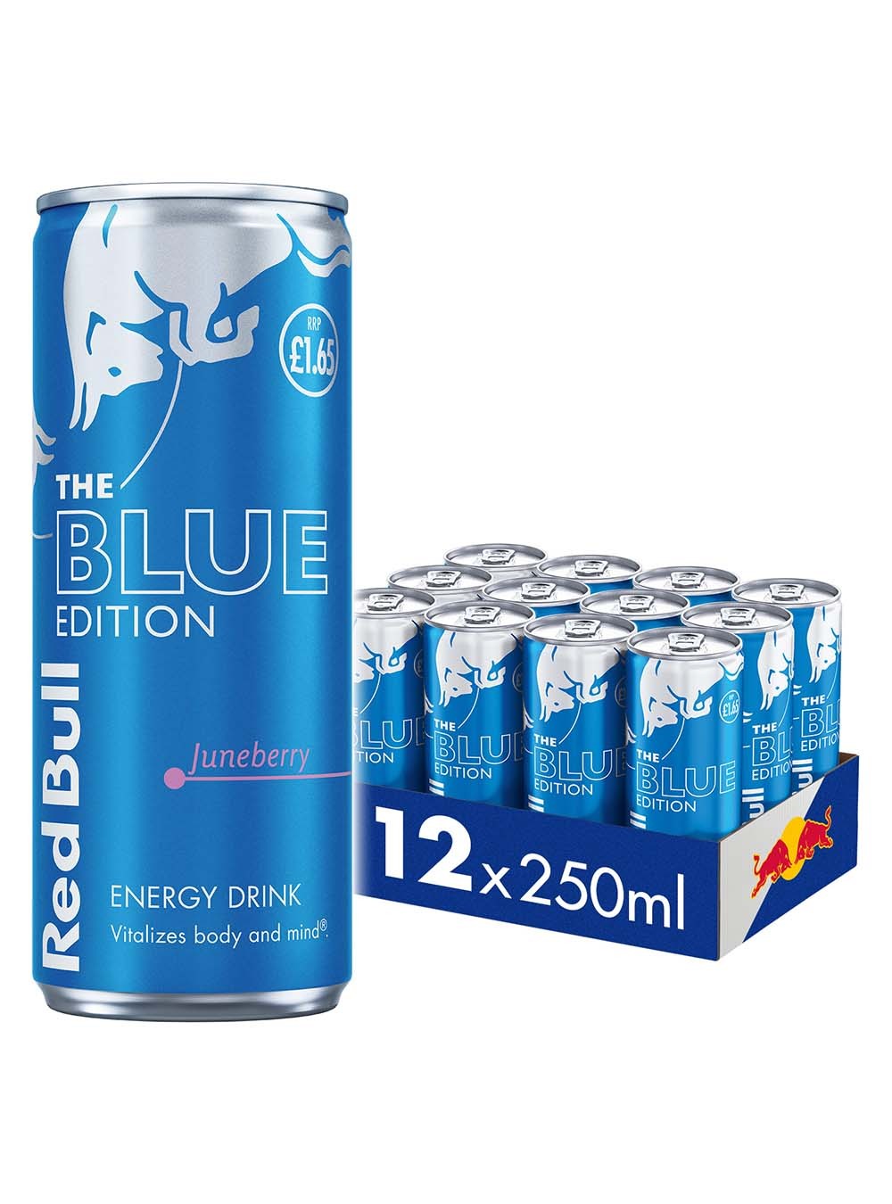 Bright blue can of Red Bull's Blue Edition featuring Juneberry flavor, with a marked price of £1.65, alongside a multipack of 12 cans, each 250 ml.