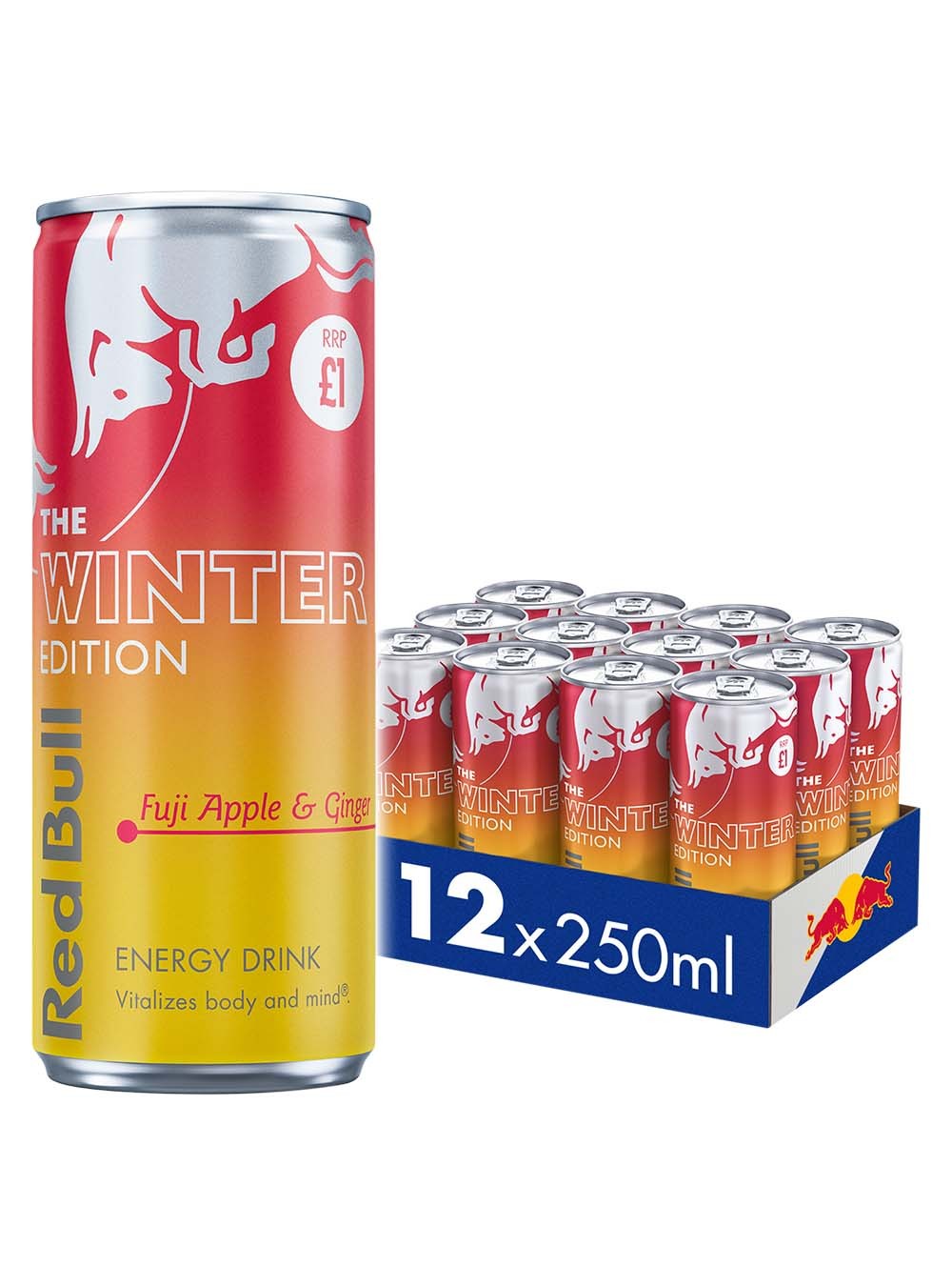 Red Bull Winter Edition multipack featuring 12 cans, each 250 ml, with a vibrant red to yellow gradient and Fuji Apple & Ginger flavor label.