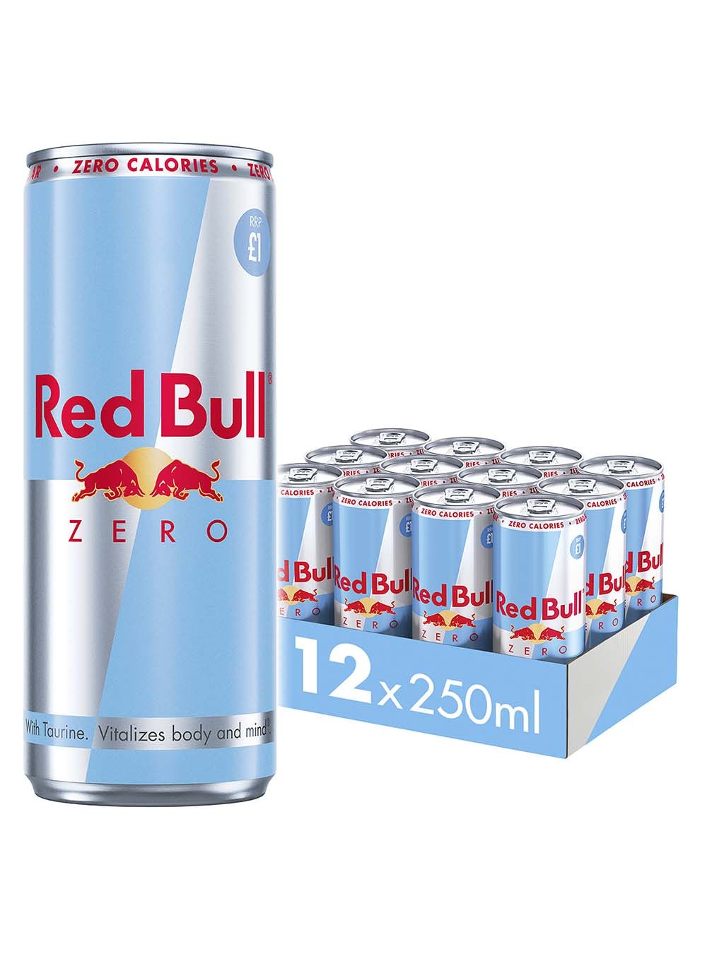 Red Bull Zero Energy Drink multipack featuring 12 silver cans, each 250 ml, with a blue label and red logo, displayed in a cardboard tray marked with a price of £1.