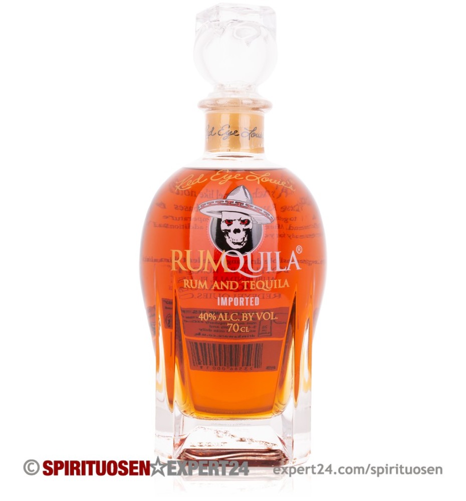 Amber-colored bottle with a skull logo, featuring a cork stopper and a rounded base, labeled "Rumquila" with details about alcohol content and volume.
