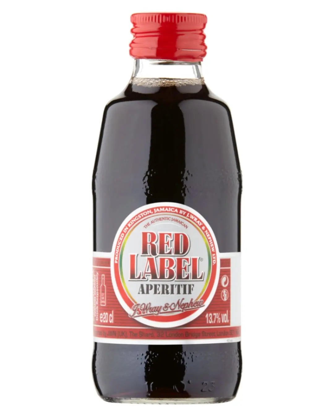 Red Label Jamaican Aperitif in a clear glass bottle with a red cap, featuring a prominent label with white and red text, and a volume of 20 cl.