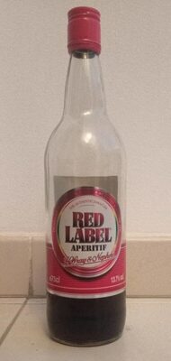 Clear glass bottle with a pink cap, featuring a prominent round label that reads "RED LABEL APERITIF" in bold red letters, with a white and black border.