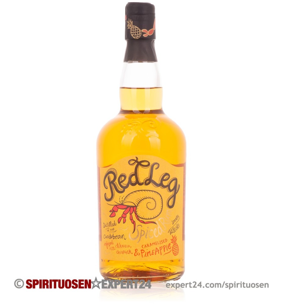 Amber-colored bottle of Red Leg Caramelised Pineapple Rum, featuring a decorative label with vibrant red text and tropical motifs, including a pineapple and a snail design.