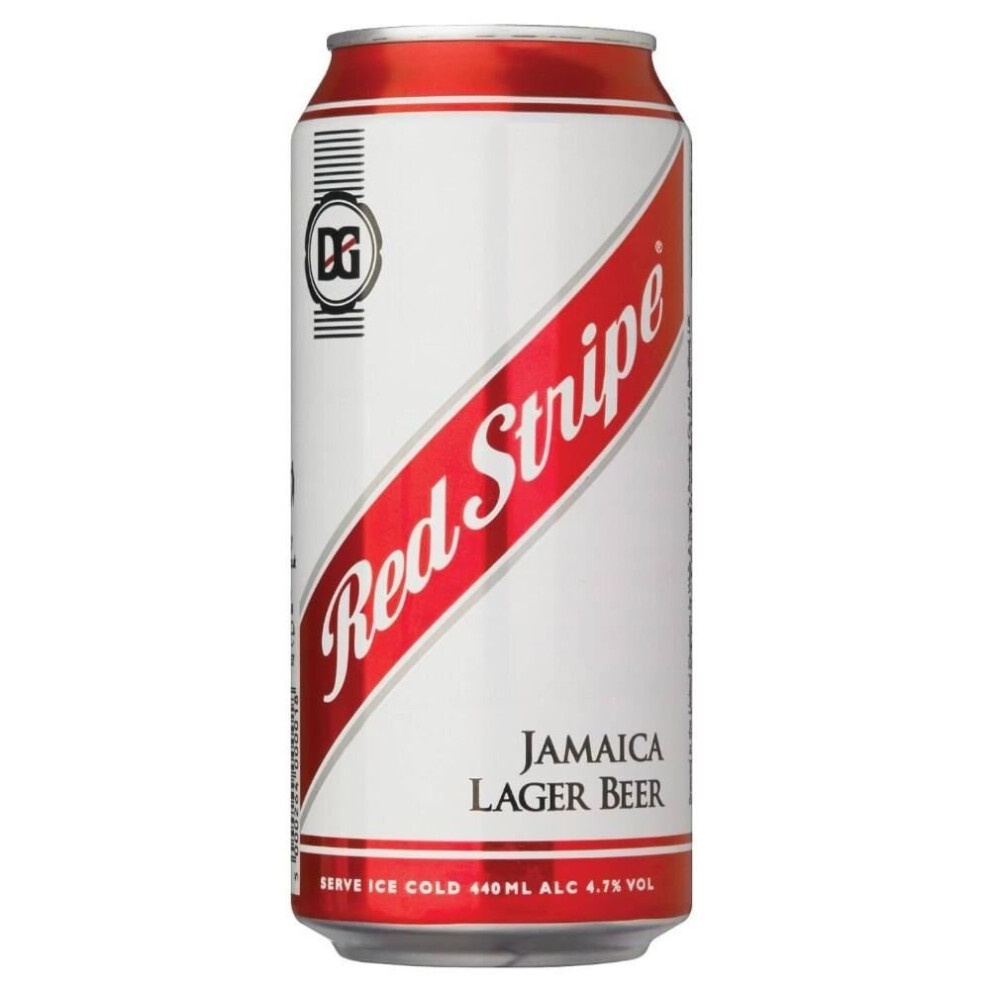 Red Stripe Premium Lager can featuring a white background with a bold red stripe, labeled "Red Stripe" and "Jamaica Lager Beer," with a 440 ml capacity and 4.7% alcohol content.