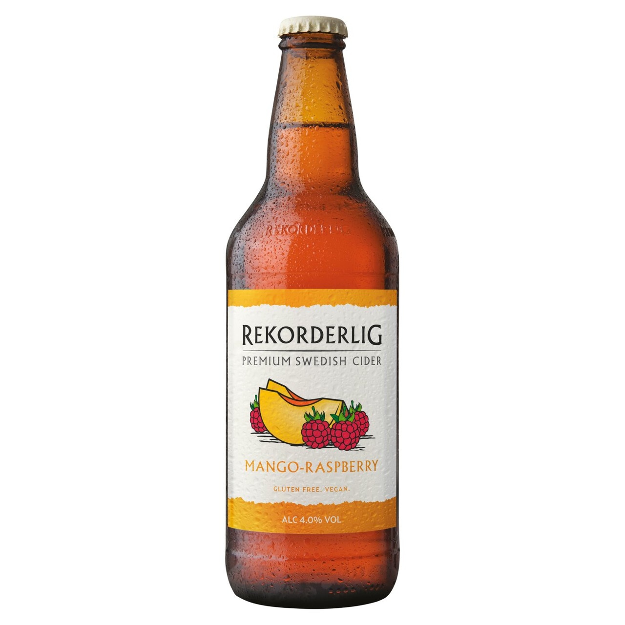 Rekorderlig Mango & Raspberry Cider bottle features a vibrant orange label with fruit illustrations, showcasing a 500 ml glass bottle with condensation.