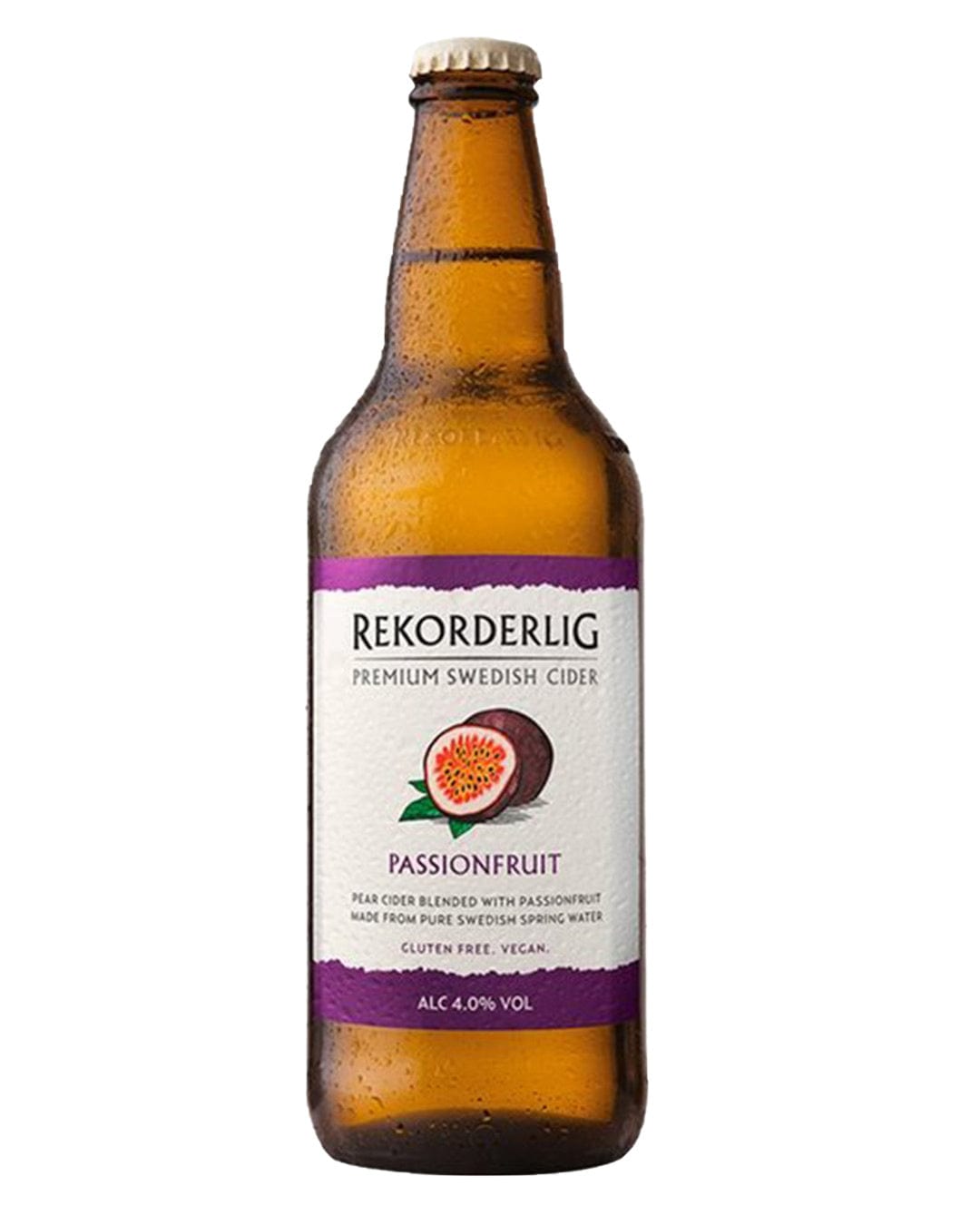 Amber glass bottle of Rekorderlig Passion Fruit Cider, featuring a white label with purple accents, highlighting "Passionfruit" and 4.0% alcohol content.