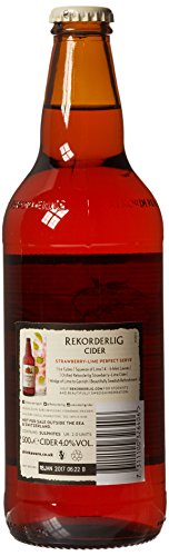Rekorderlig Strawberry & Lime Cider multipack featuring 15 glass bottles, each 500 ml, with a vibrant red liquid and a label showcasing strawberries and limes.