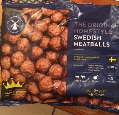 Frozen package of Öresundschark AB Swedish Meatballs, featuring a blue background, gold crown logo, and text highlighting gluten-free, pork & beef ingredients, and cooking instructions.