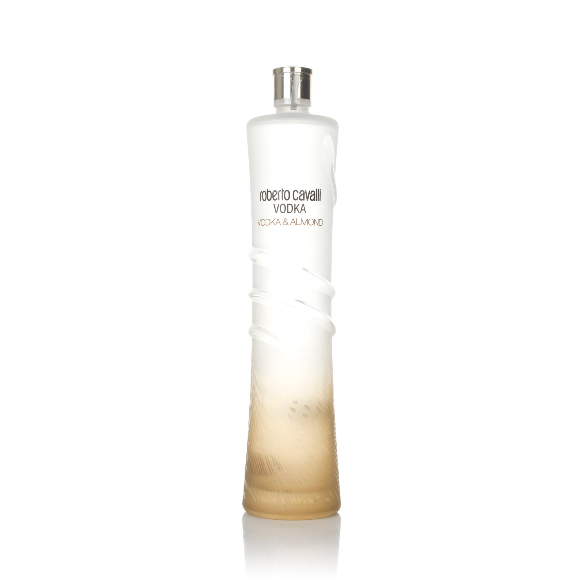 Elegant frosted glass bottle of Roberto Cavalli Almond Flavored Vodka, featuring a smooth gradient from white to light brown, with a sleek, modern design and silver cap.