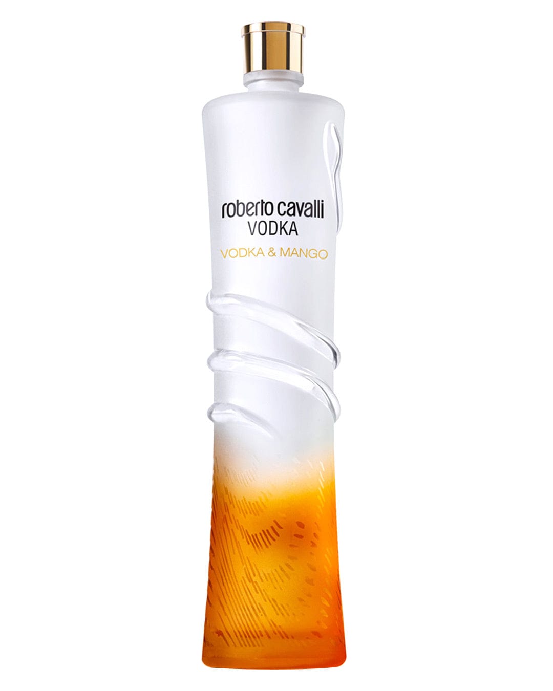 Elegant clear glass bottle with a curved design, featuring a frosted finish at the top and a vibrant orange gradient at the bottom, labeled "Roberto Cavalli Vodka & Mango."