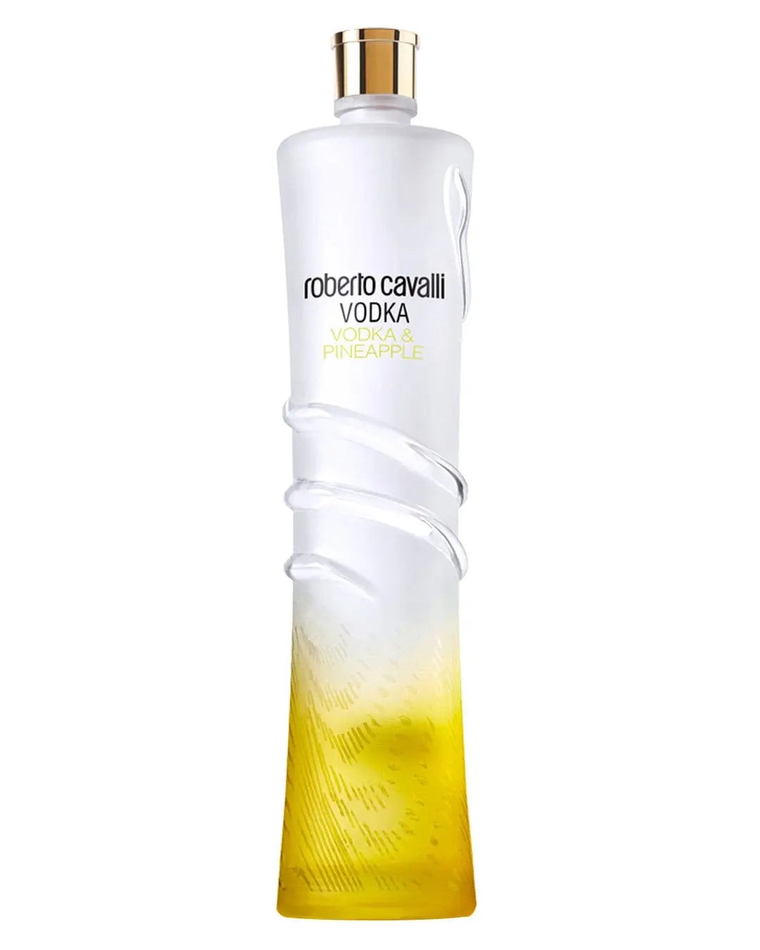 Tall, elegant white bottle with a twist design, featuring a gradient from white to yellow at the base, labeled "Roberto Cavalli Vodka & Pineapple" in bold black text.