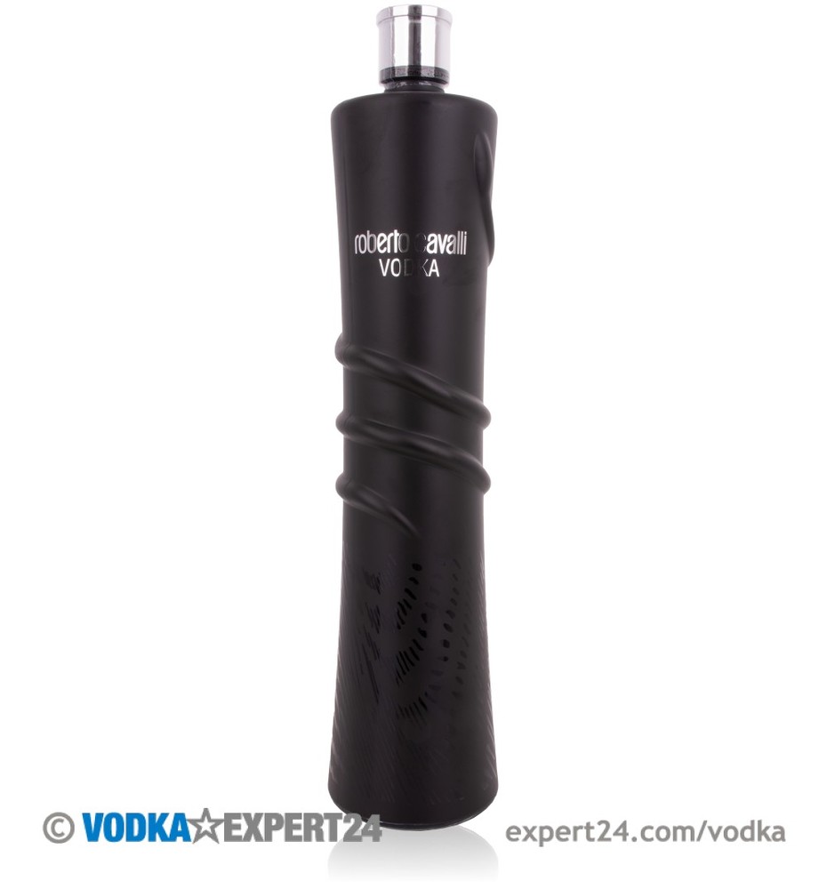 Sleek black bottle of Roberto Cavalli Vodka Black Limited Edition, featuring a textured design and a clear cap, with bold white branding prominently displayed.