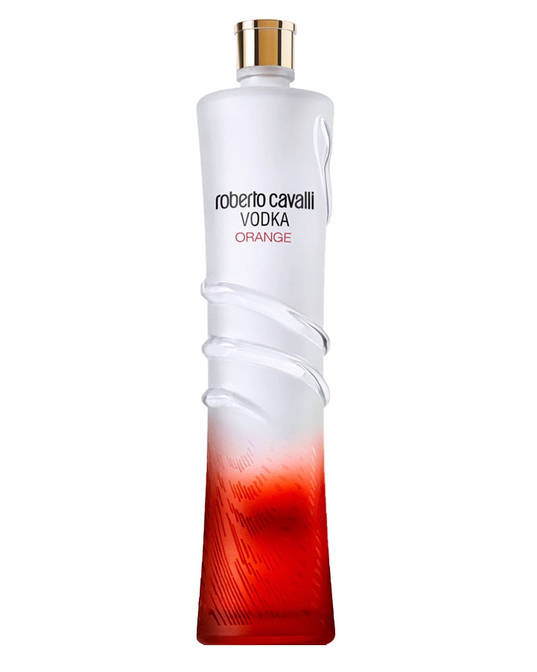 Clear glass vodka bottle with a sculpted white and orange gradient design, featuring "Roberto Cavalli VODKA ORANGE" in elegant black font and a gold cap.