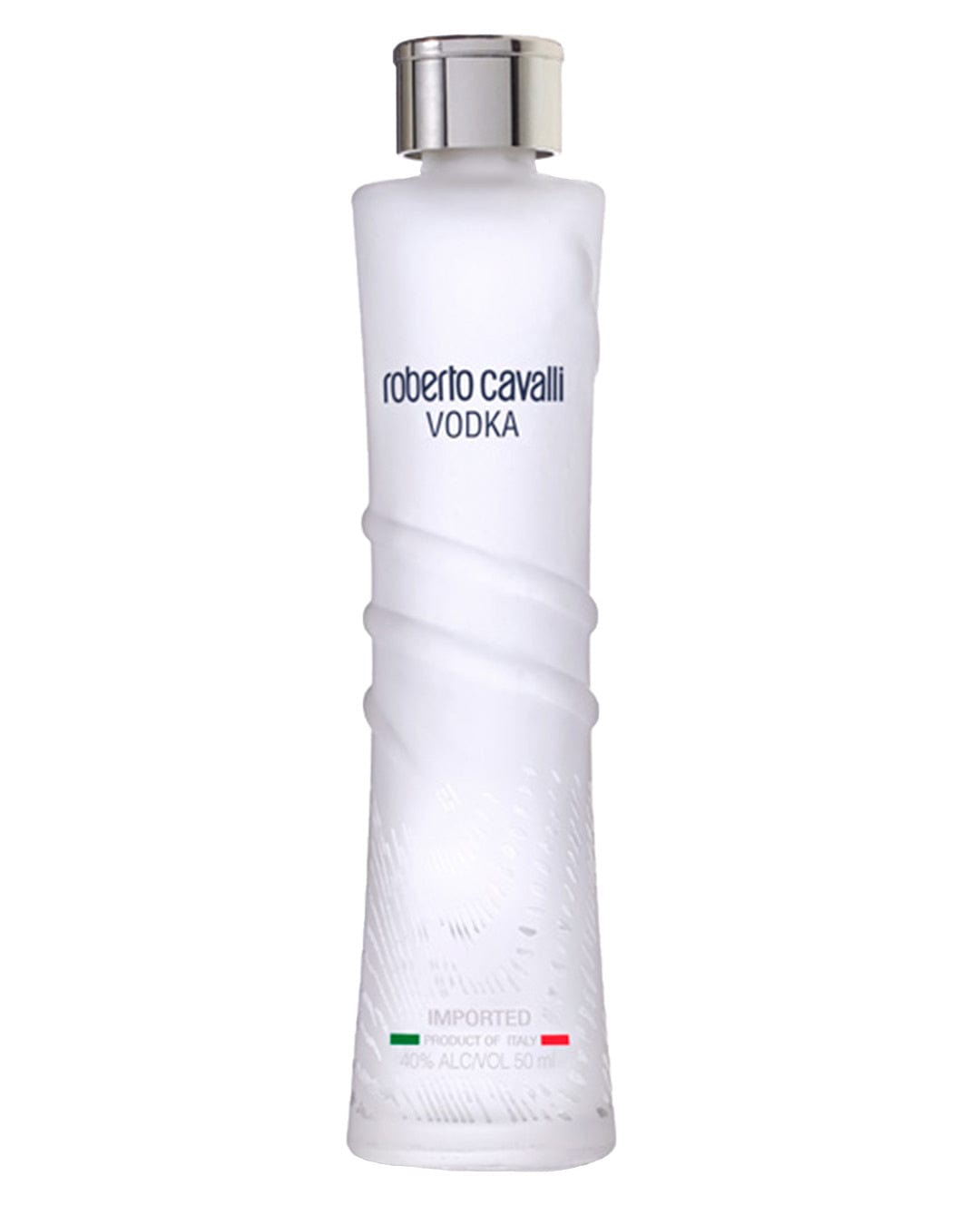 Elegant white bottle with a textured design, featuring "Roberto Cavalli Vodka" in bold blue lettering and a silver cap, containing 5 cl of vodka.