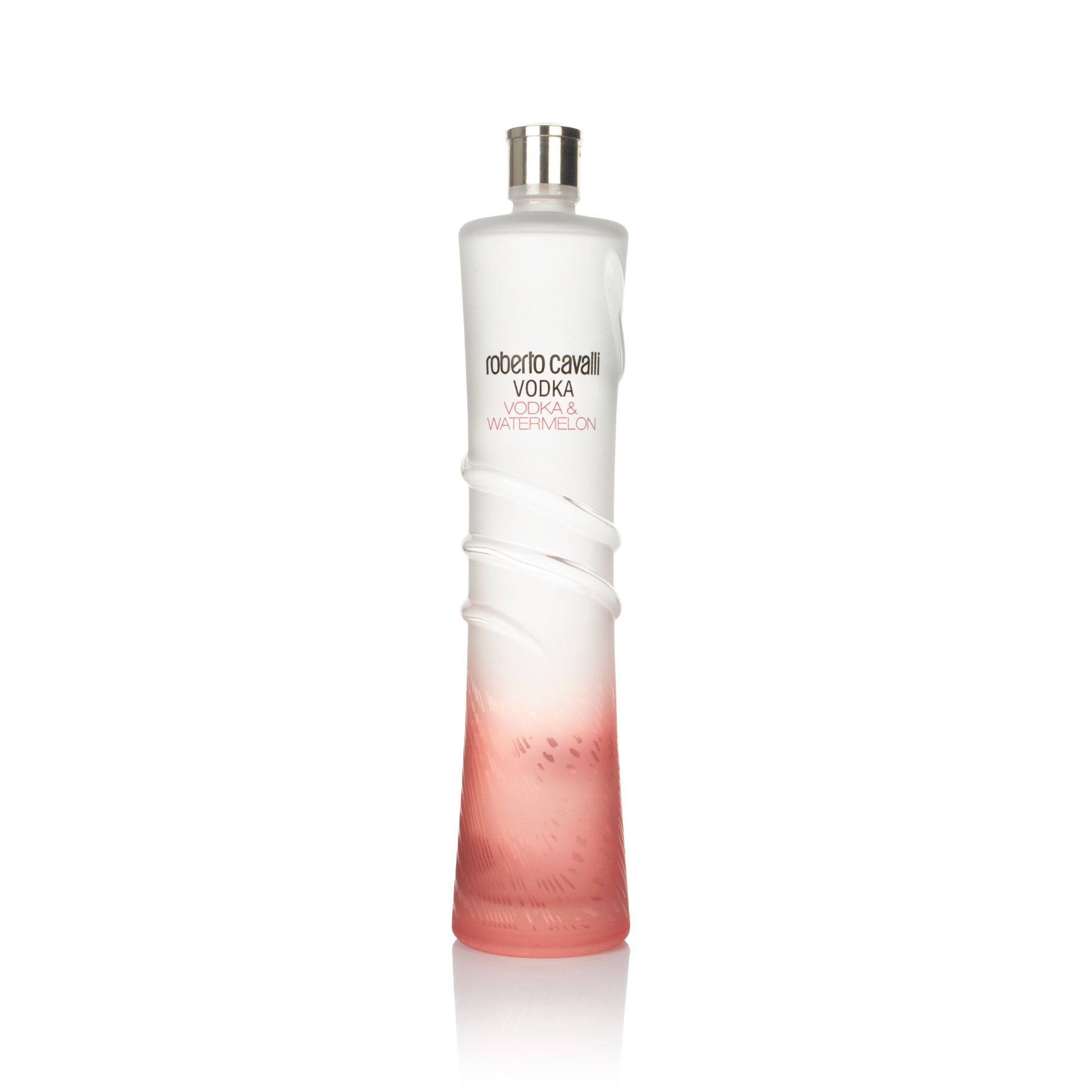 Tall, sleek glass bottle with a gradient from white to pink, featuring a textured swirl design and the label "Roberto Cavalli Vodka Watermelon" prominently displayed.