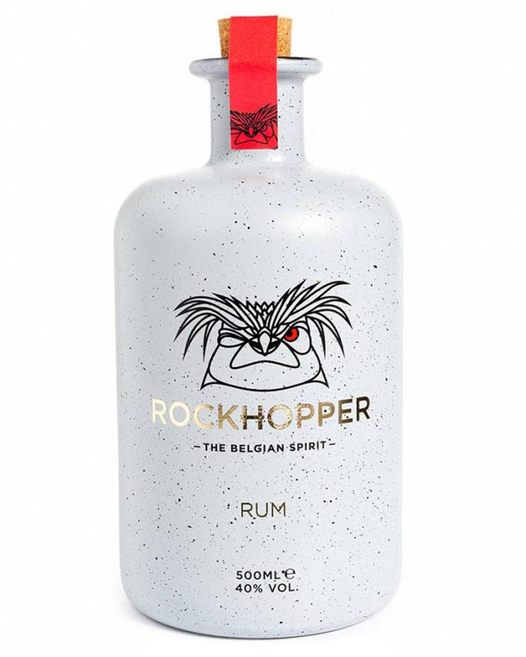 Ceramic bottle of Rockhopper Rum, featuring a speckled grey finish, red cork stopper, and a playful penguin design with gold lettering.