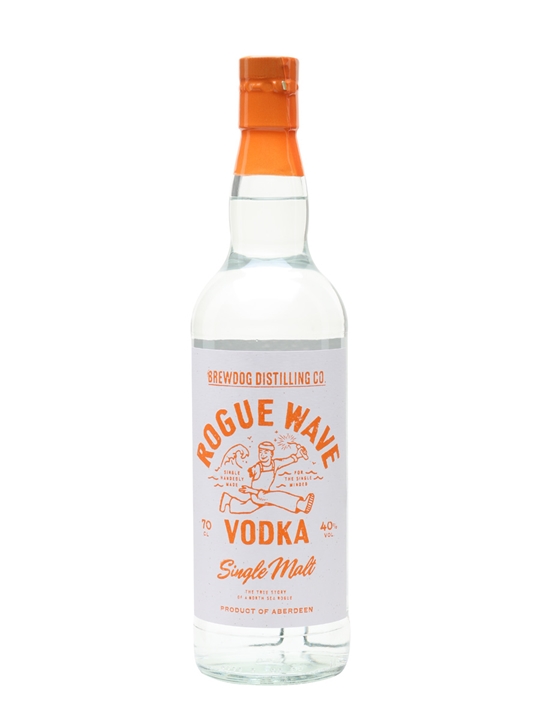Clear glass bottle of Rogue Wave Vodka, 70 Cl, featuring a white label with orange accents and an illustration of a winged figure, topped with an orange cap.