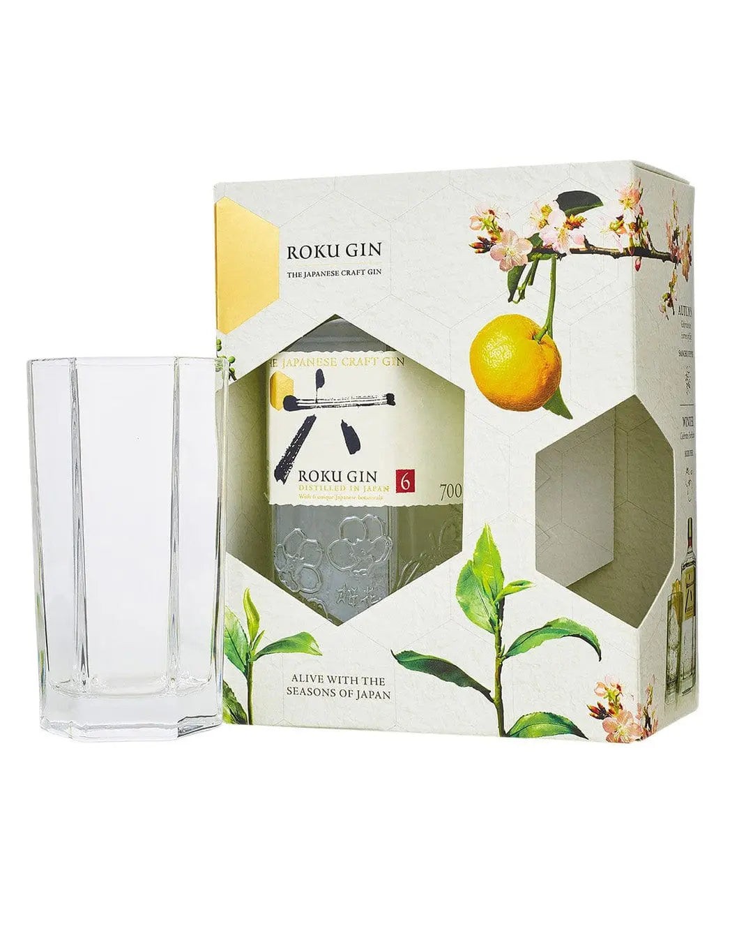 Roku Gin Gift Pack featuring a 70 Cl bottle of Japanese craft gin and a clear glass, presented in a beautifully designed box with floral and citrus illustrations.
