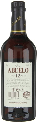 Dark amber bottle of Ron Abuelo 12 Year Old Anejo Rum, featuring a black cap, gold accents, and a white label with bold text and detailed information on the back.