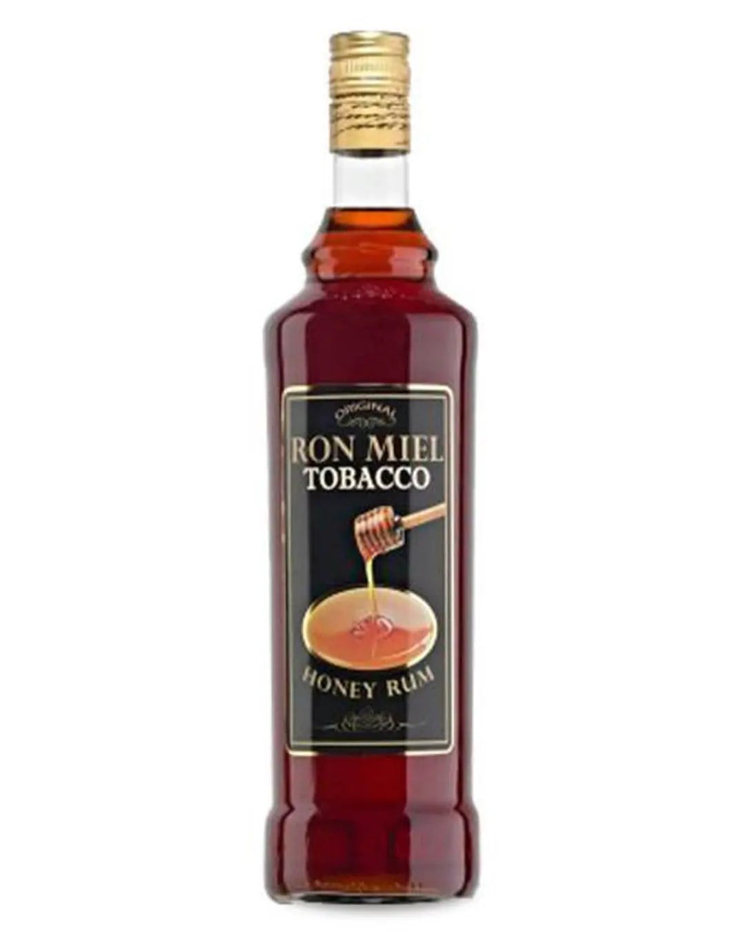 Clear glass bottle filled with amber-colored Ron Miel Tobacco Rum, featuring a black label with gold text and a honey dipper graphic, topped with a gold screw cap.