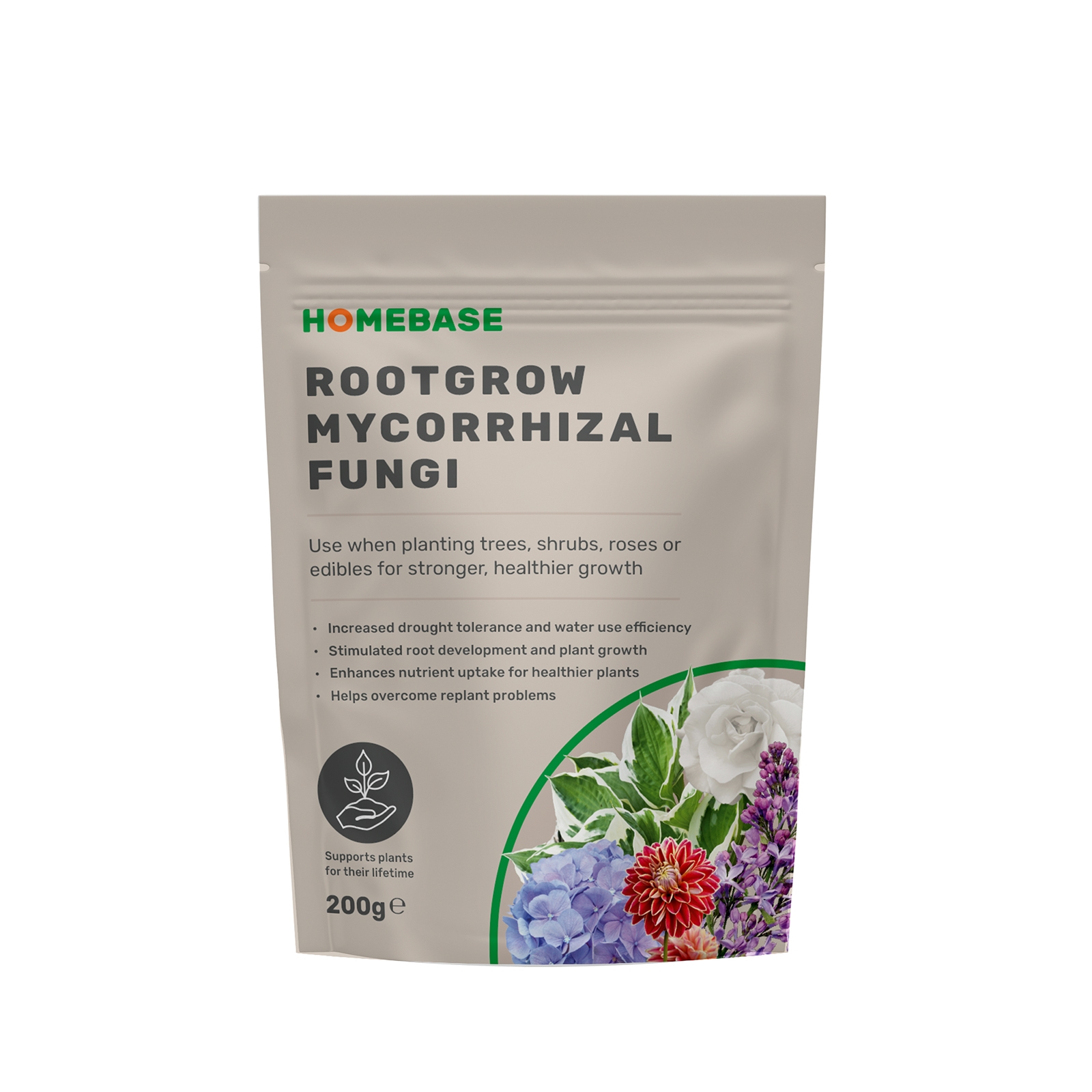 Brown and green packaging for Homebase Rootgrow Mycorrhizal Fungi, 200g, featuring floral illustrations and text highlighting benefits for plant growth and health.