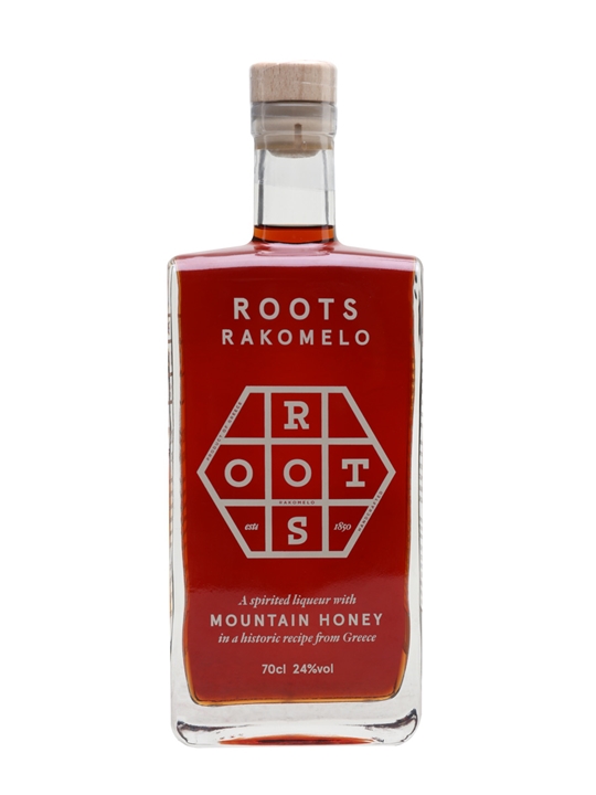 Clear glass bottle with a square shape, featuring a wooden cork, filled with amber-colored liqueur, and labeled with "Roots Rakomelo" and "Mountain Honey" in bold white text.