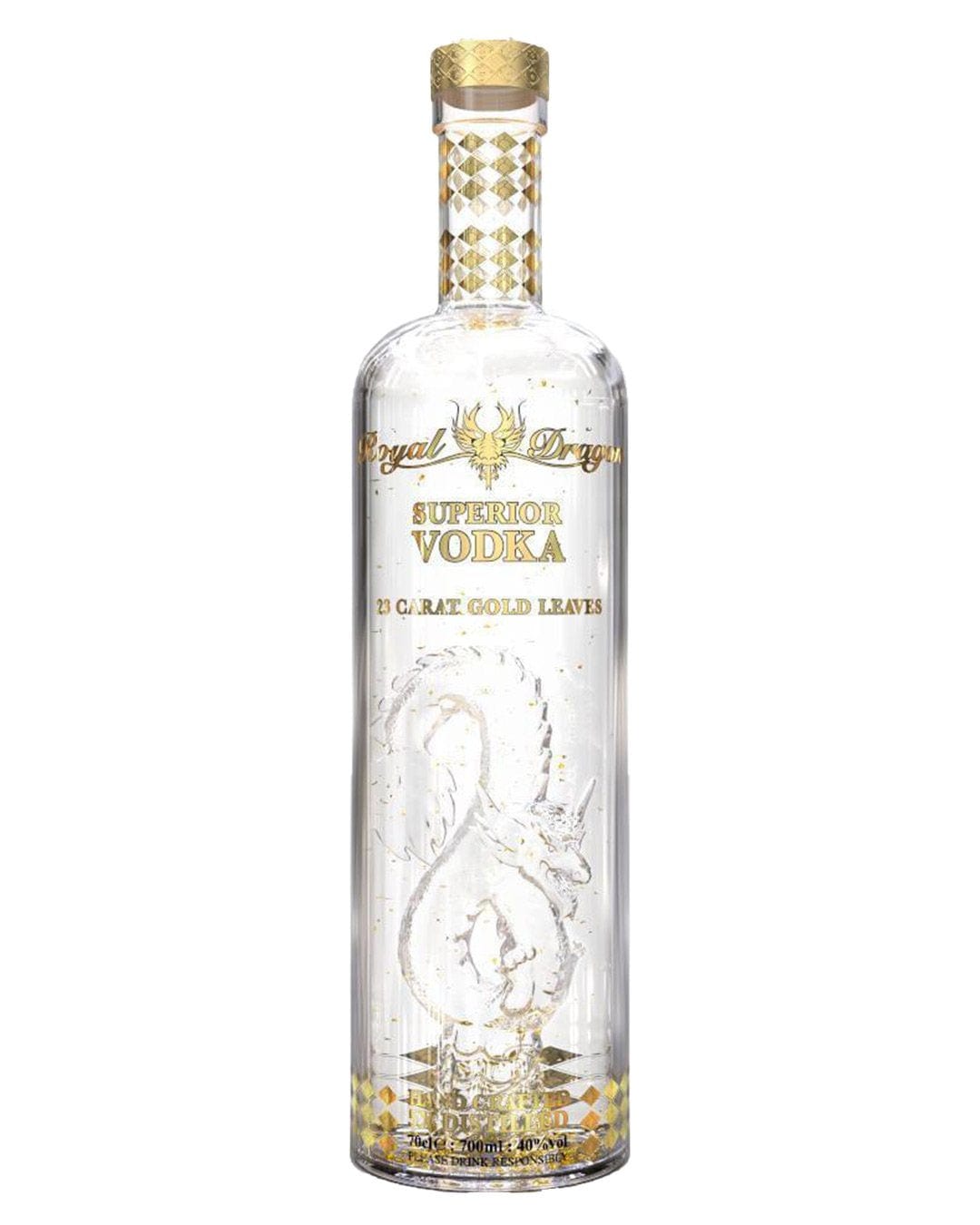 Clear glass bottle featuring a prominent dragon design, filled with vodka and adorned with 23-carat gold leaves, topped with a decorative gold cap.