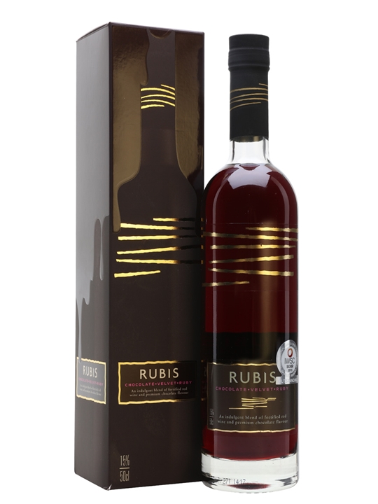 A sleek glass bottle of Rubis Chocolate Fortified Wine, featuring a deep red liquid, with a black and gold box displaying elegant lines and the brand name prominently.