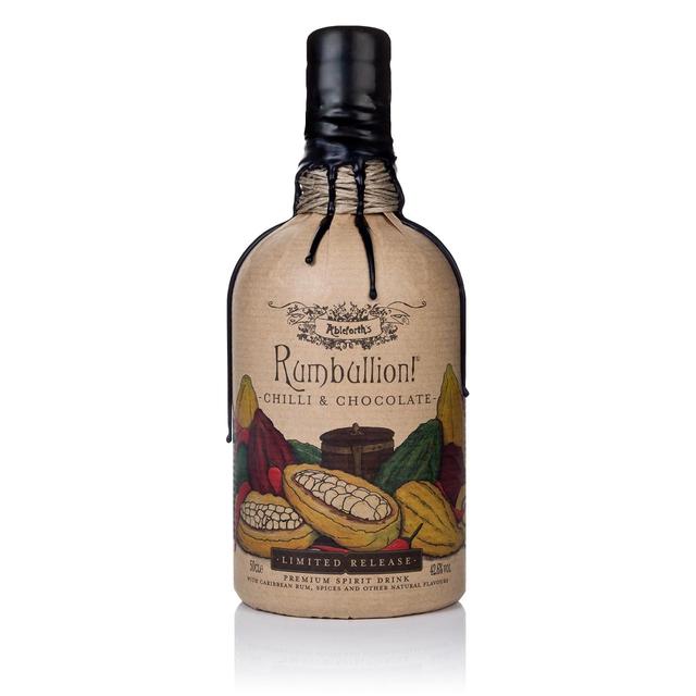 Rumbullion Chilli & Chocolate Rum bottle features a textured brown paper label with colorful illustrations of cocoa pods and chillies, topped with a black wax seal and cork.