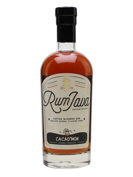Clear glass bottle of RumJava Cacao 'Mon Spiced Rum, featuring a dark amber liquid, a black and cream label with gold accents, and a cork stopper.