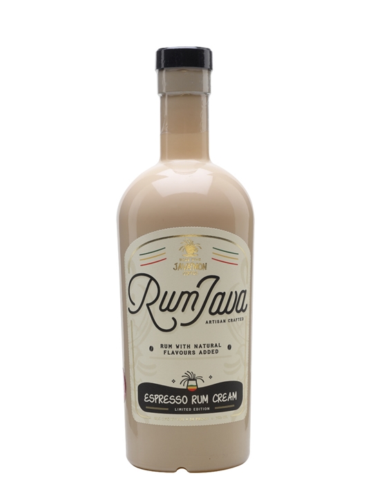 Creamy beige bottle of RumJava Espresso Rum Cream Liqueur, featuring a decorative label with the brand name, sun logo, and "Espresso Rum Cream" text, capped with a light-colored screw top.