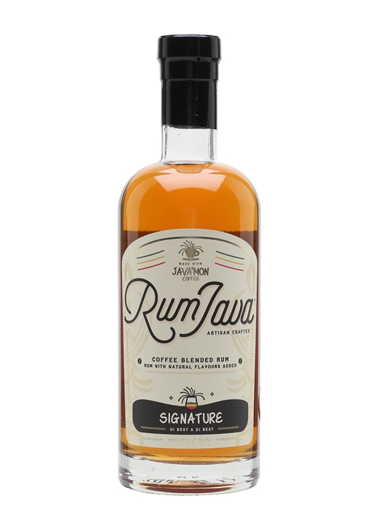 Clear glass bottle with a cork top, featuring a beige and brown label that reads "RumJava" and "Signature," showcasing amber-colored coffee blended rum inside.