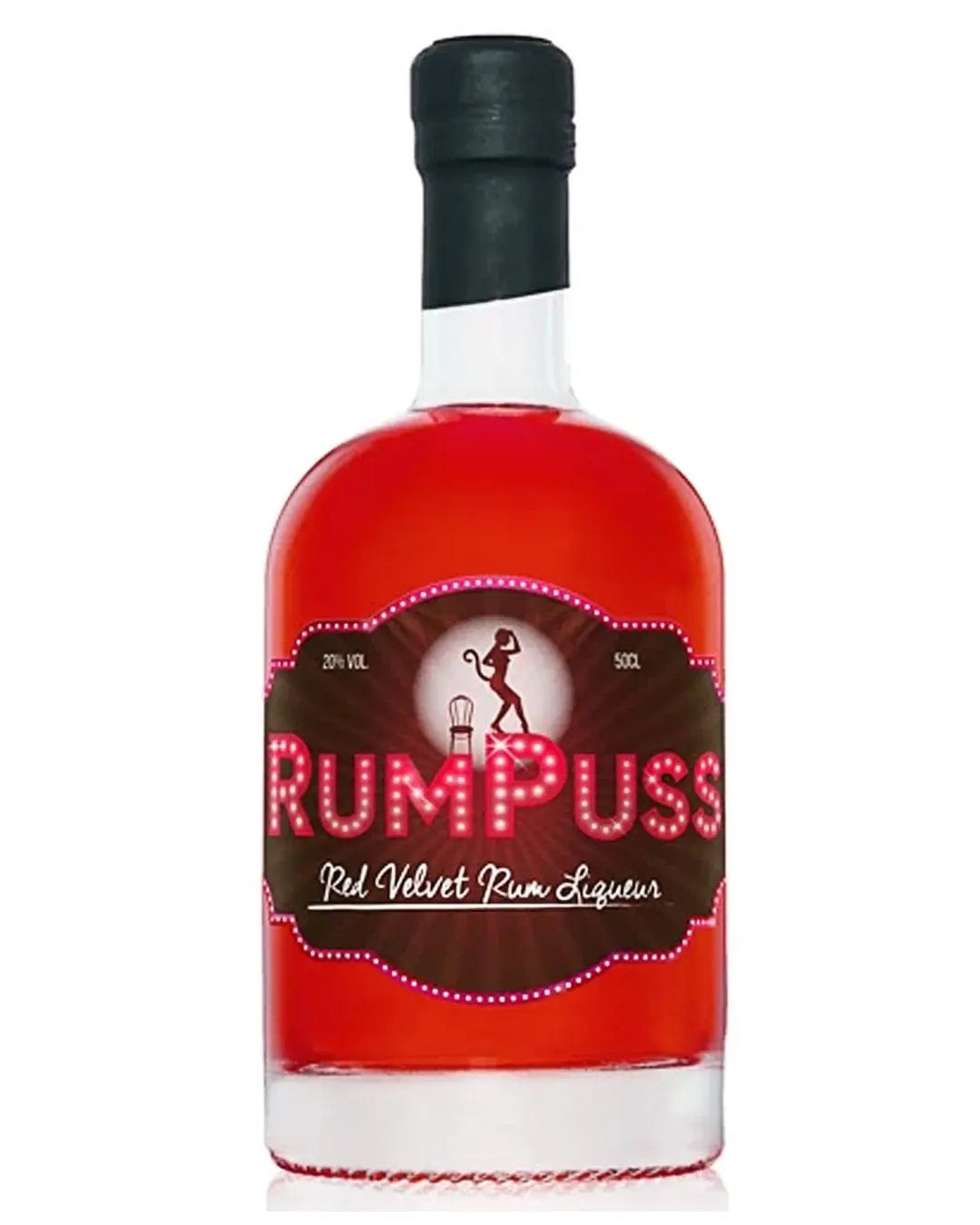 A clear glass bottle of RumPuss Red Velvet Rum Liqueur, 50 Cl, featuring a vibrant red liquid, a decorative label with white lights, and a silhouette of a dancer.