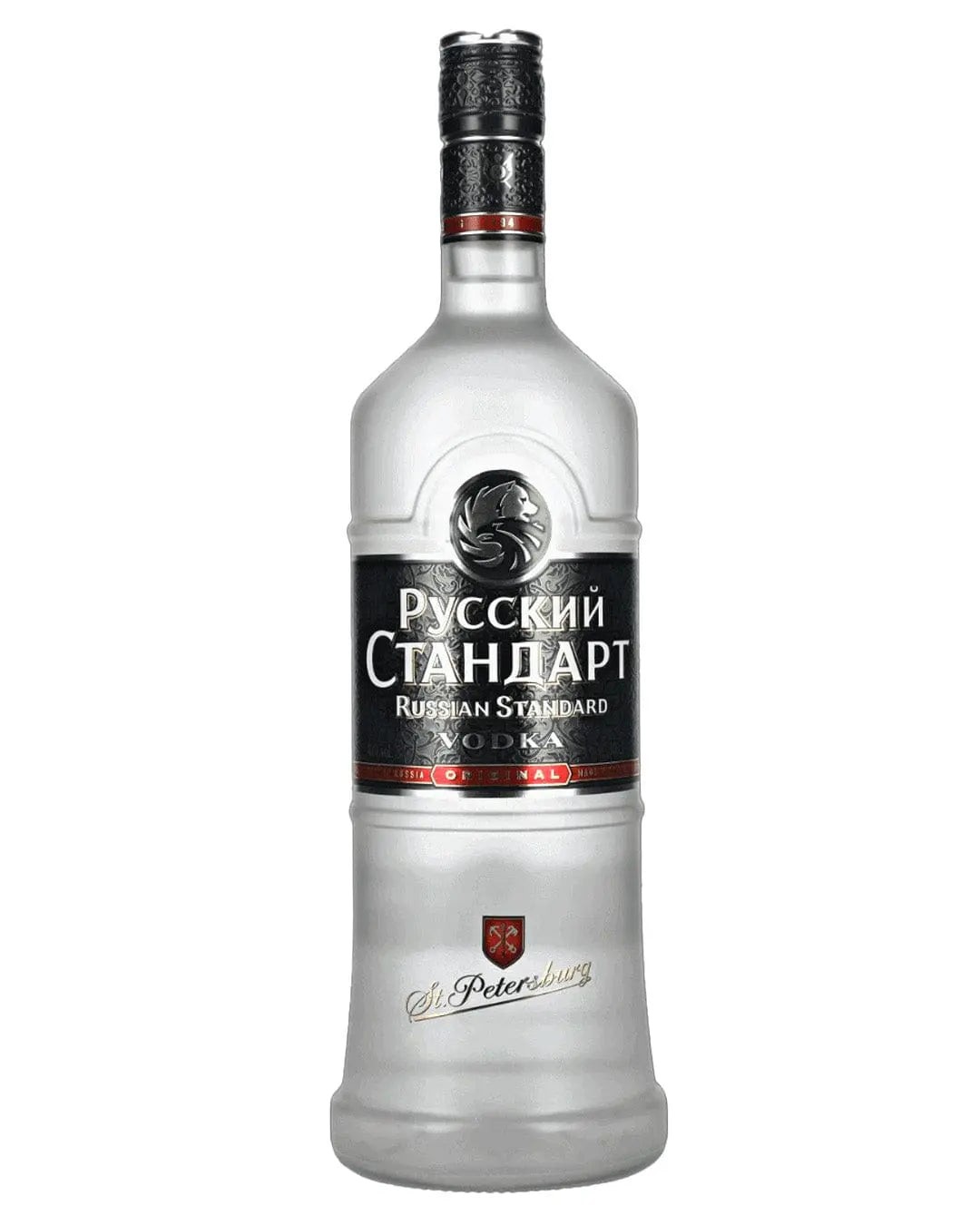 Clear glass bottle of Russian Standard Vodka, 1.5 L, featuring a black and silver label with Cyrillic text and a crest, topped with a textured black cap.