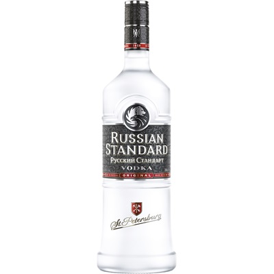 Clear glass bottle of Russian Standard Vodka, 1 L, featuring a black and silver label with a lion emblem and "St. Petersburg" text at the bottom.