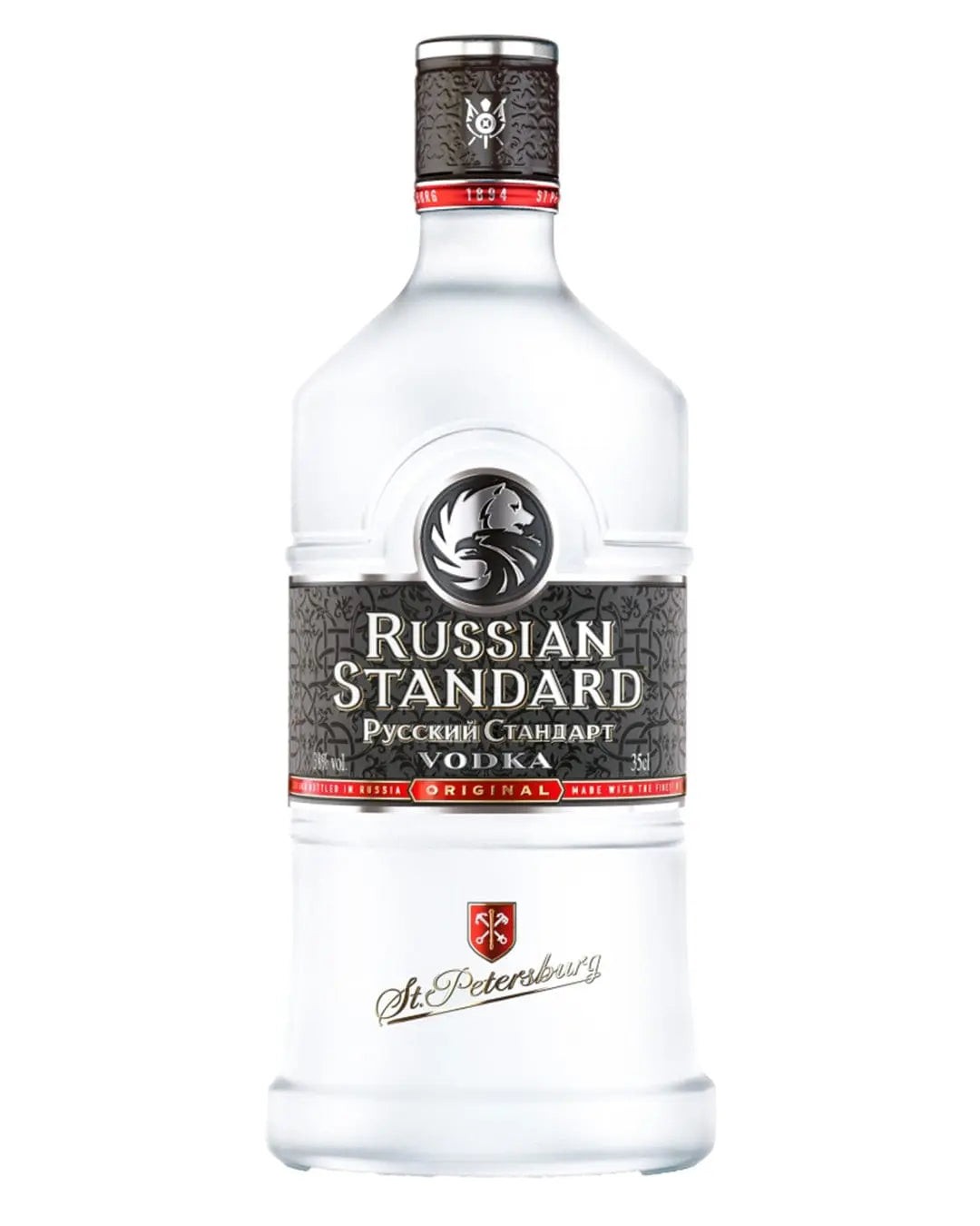 Clear glass bottle of Russian Standard Vodka, 35 Cl, featuring a silver and black label with a lion emblem and text in both English and Russian.