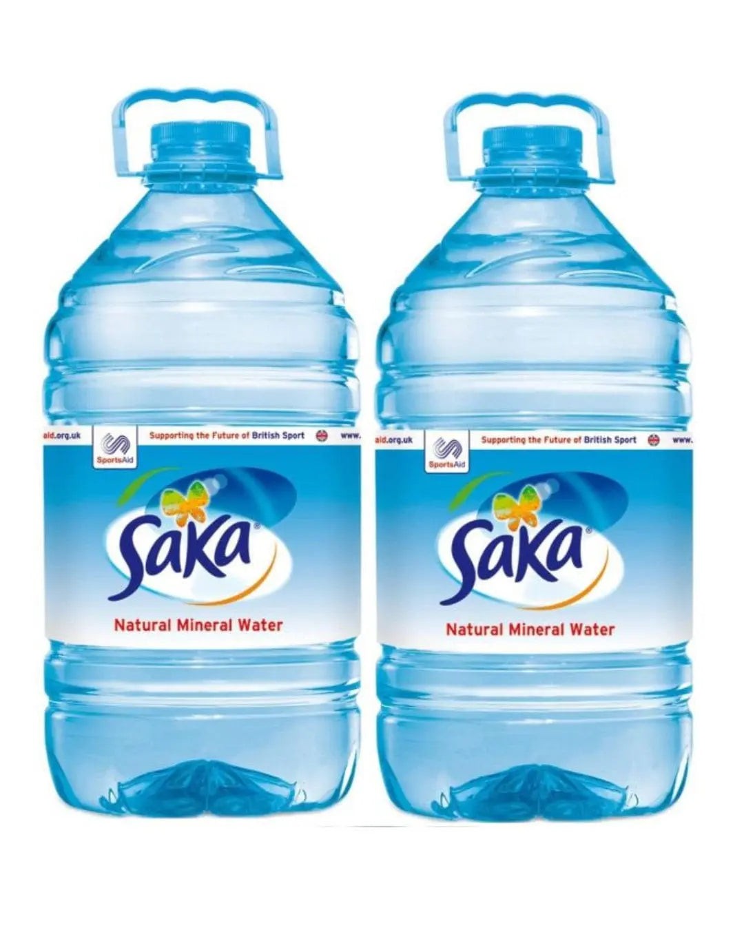 Two clear plastic bottles of Saka Natural Mineral Water, each 5 liters, featuring a blue label with the brand name and logo, and a sturdy handle for easy carrying.