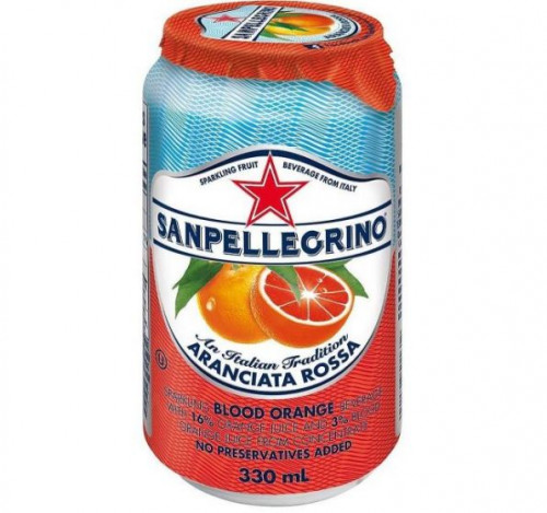 San Pellegrino Aranciata Rossa blood orange sparkling beverage can, featuring vibrant orange and blue colors, with a star logo and 330 ml capacity, in a multipack of 24.