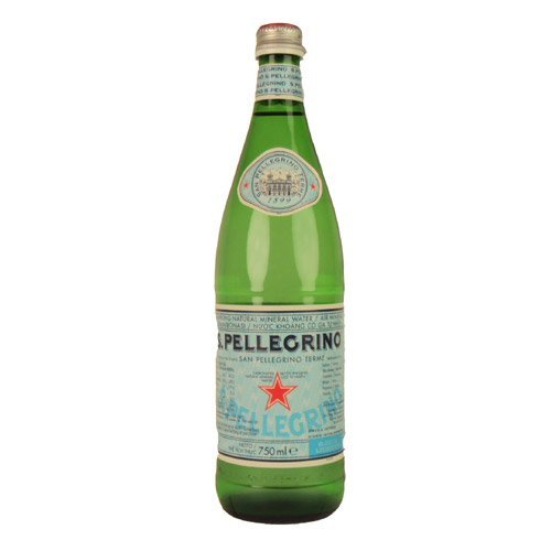 Green glass bottle of Sna Pellegrino sparkling mineral water, featuring a silver cap, blue and red label with a star, and a capacity of 750ml.