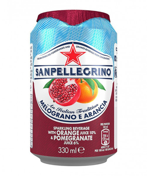 A colorful can featuring San Pellegrino's Melograno & Arancia sparkling beverage, showcasing vibrant orange and pomegranate graphics, with a blue and red color scheme.