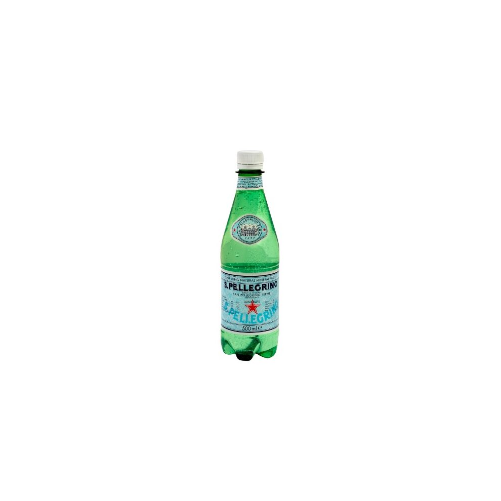 Twelve 500 ml bottles of San Pellegrino sparkling mineral water, featuring a green glass design with a distinctive label and white cap, arranged in a multipack.