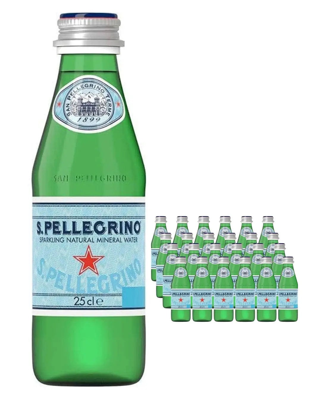 Green glass bottle of San Pellegrino sparkling mineral water, featuring a blue label with red star, displayed alongside a multipack of 24 bottles, each 250 ml.