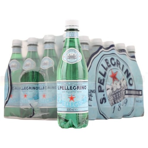 San Pellegrino sparkling mineral water glass bottles in a multipack, featuring a green bottle with a red star logo, labeled 500 ml, and a light blue cardboard packaging.